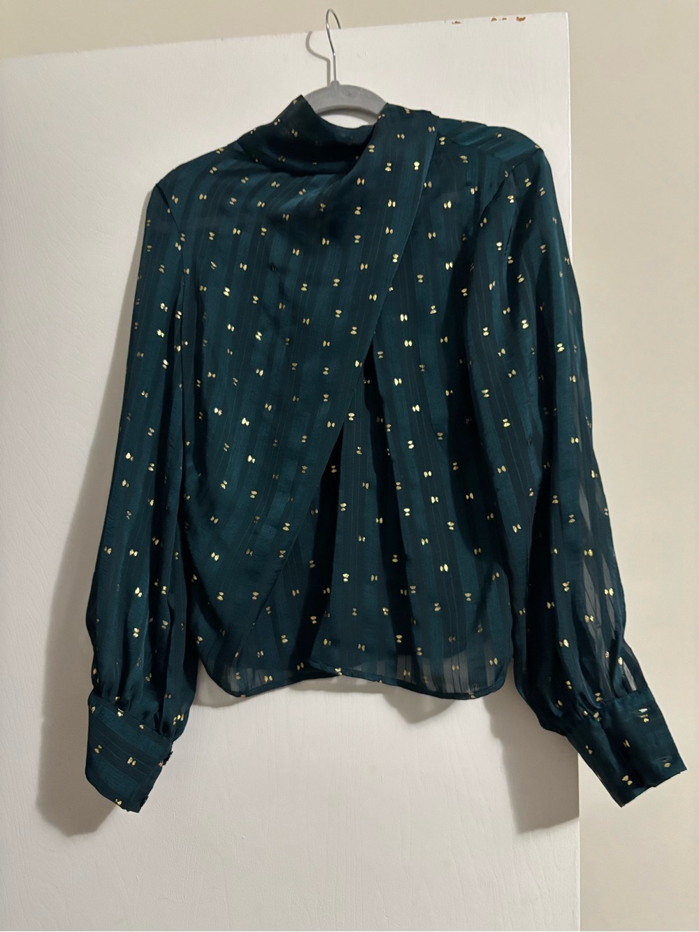 Aqua Teal Long-Sleeve Blouse with Gold Metallic Dots
